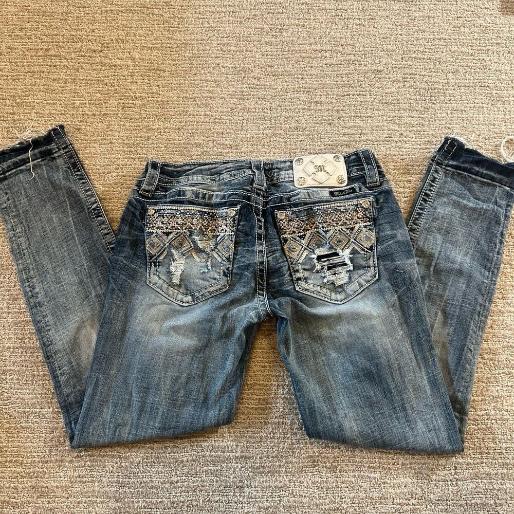 Miss Me Signature Ankle Skinny Jeans | Size 28 | Embellished Rhinestone Distress